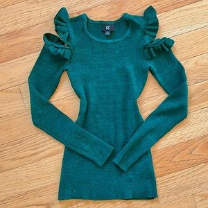 🌻iZ Byer Ruffle Cold Shoulder Emerald Green Long Sleeve Top